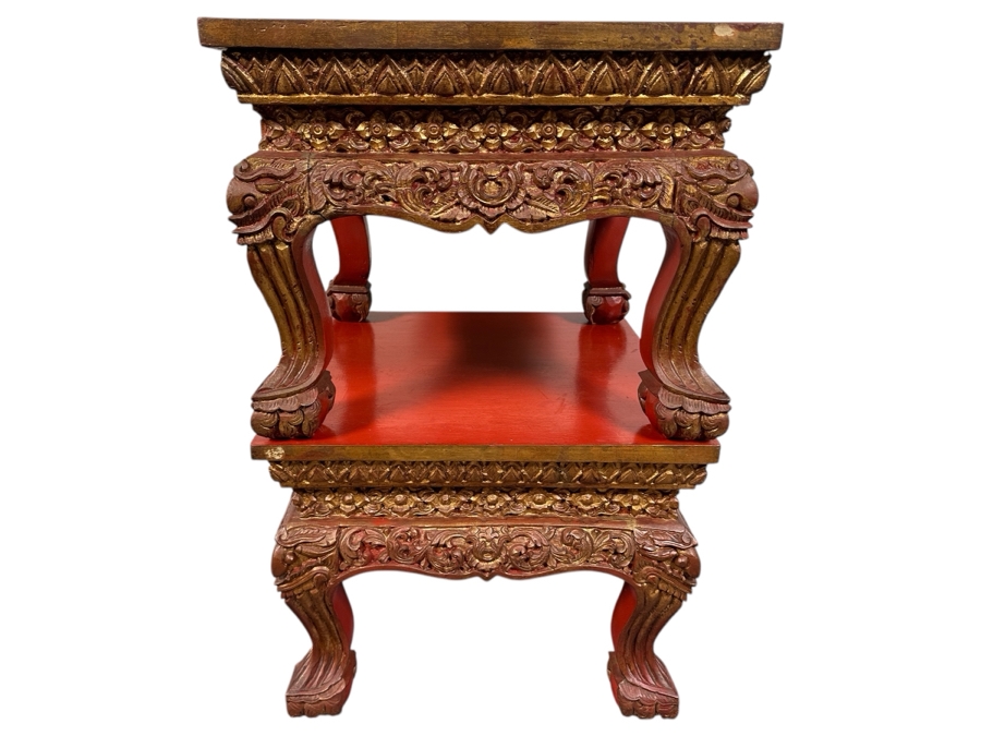 Two Vintage Thai Wooden Low Red & Gold Carved Wooden Tables With Floral Design On Lion-Mask Legs 20W X 20D X 16H