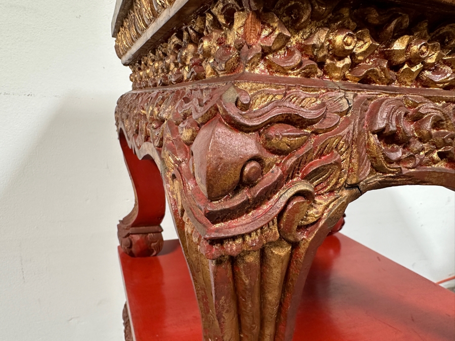 Two Vintage Thai Wooden Low Red & Gold Carved Wooden Tables With Floral Design On Lion-Mask Legs 20W X 20D X 16H [Photo 4]