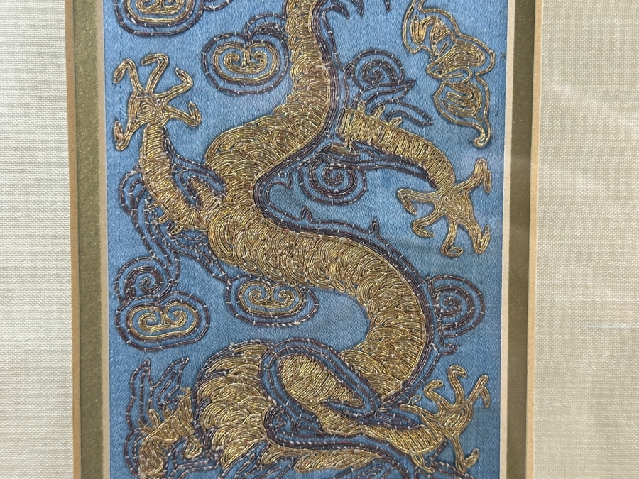 Framed Pair Of Framed Antique 19th Century Chinese Gold Thread Embroidered Robe Cuffs With The Forbidden Knot Embroidery Featuring Dragons, Phoenixes And Clouds 3.5 X 19.5 Framed 11.5 X 27.5 [Photo 4]