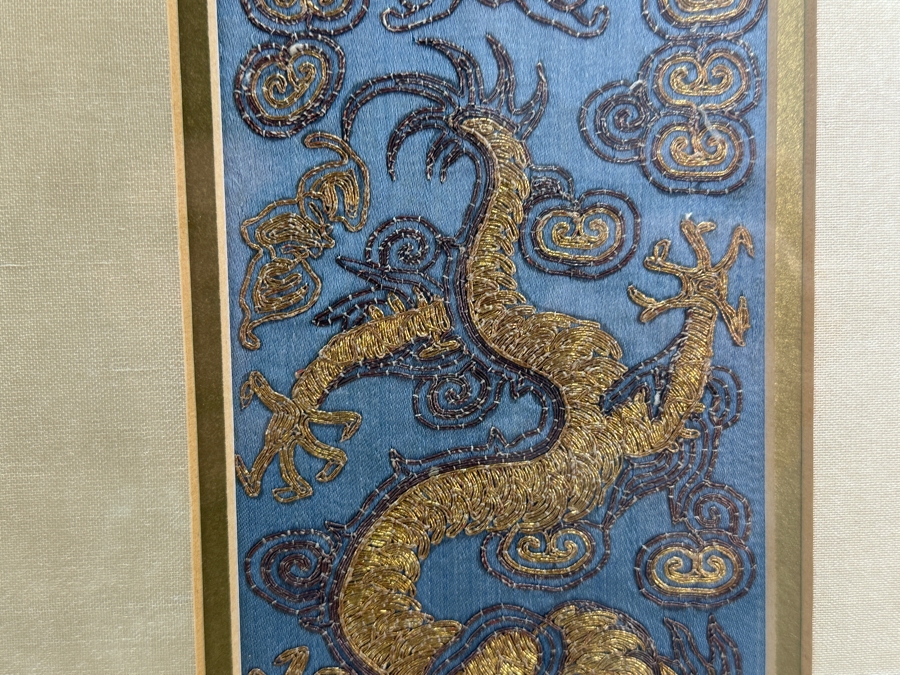 Framed Pair Of Framed Antique 19th Century Chinese Gold Thread Embroidered Robe Cuffs With The Forbidden Knot Embroidery Featuring Dragons, Phoenixes And Clouds 3.5 X 19.5 Framed 11.5 X 27.5 [Photo 8]