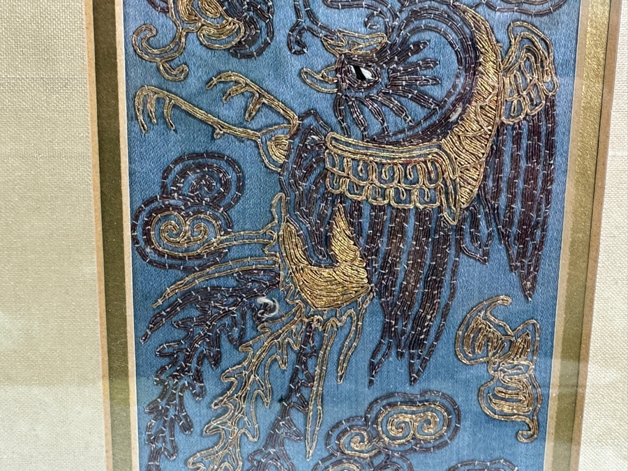 Framed Pair Of Framed Antique 19th Century Chinese Gold Thread Embroidered Robe Cuffs With The Forbidden Knot Embroidery Featuring Dragons, Phoenixes And Clouds 3.5 X 19.5 Framed 11.5 X 27.5 [Photo 10]