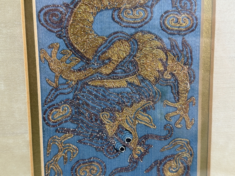 Framed Pair Of Framed Antique 19th Century Chinese Gold Thread Embroidered Robe Cuffs With The Forbidden Knot Embroidery Featuring Dragons, Phoenixes And Clouds 3.5 X 19.5 Framed 11.5 X 27.5 [Photo 7]