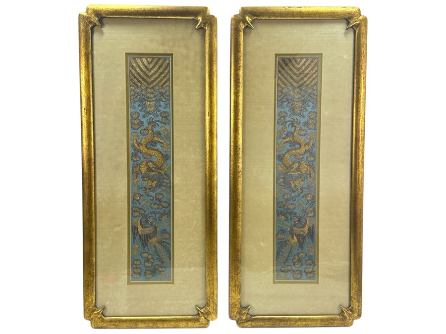 Framed Pair Of Framed Antique 19th Century Chinese Gold Thread Embroidered Robe Cuffs With The Forbidden Knot Embroidery Featuring Dragons, Phoenixes And Clouds 3.5 X 19.5 Framed 11.5 X 27.5 [Photo 2]