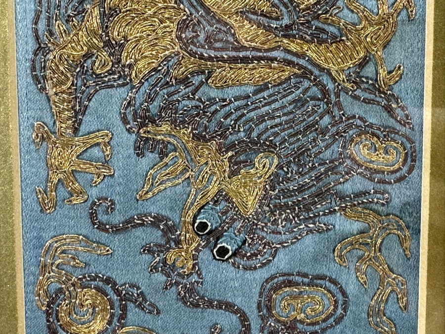 Framed Pair Of Framed Antique 19th Century Chinese Gold Thread Embroidered Robe Cuffs With The Forbidden Knot Embroidery Featuring Dragons, Phoenixes And Clouds 3.5 X 19.5 Framed 11.5 X 27.5 [Photo 3]