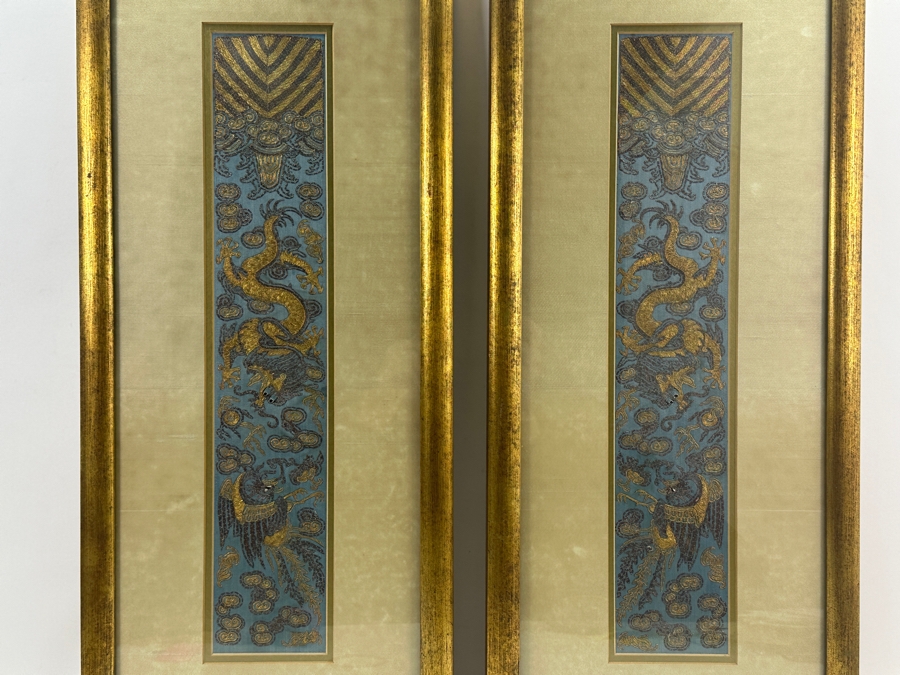 Framed Pair Of Framed Antique 19th Century Chinese Gold Thread Embroidered Robe Cuffs With The Forbidden Knot Embroidery Featuring Dragons, Phoenixes And Clouds 3.5 X 19.5 Framed 11.5 X 27.5