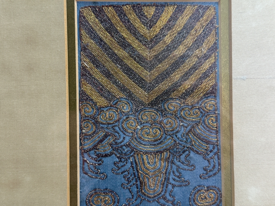 Framed Pair Of Framed Antique 19th Century Chinese Gold Thread Embroidered Robe Cuffs With The Forbidden Knot Embroidery Featuring Dragons, Phoenixes And Clouds 3.5 X 19.5 Framed 11.5 X 27.5 [Photo 9]