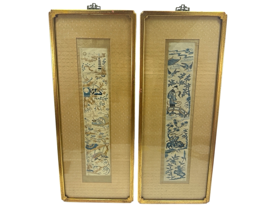 Pair Of Vintage Chinese Embroideries 4 X 22 Framed 11.5 X 29