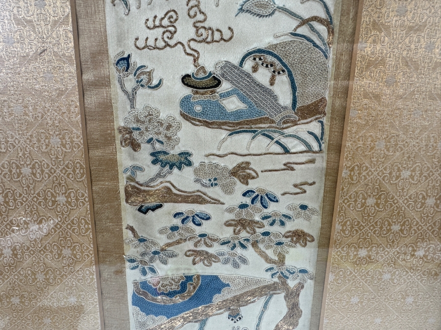 Pair Of Vintage Chinese Embroideries 4 X 22 Framed 11.5 X 29 [Photo 5]