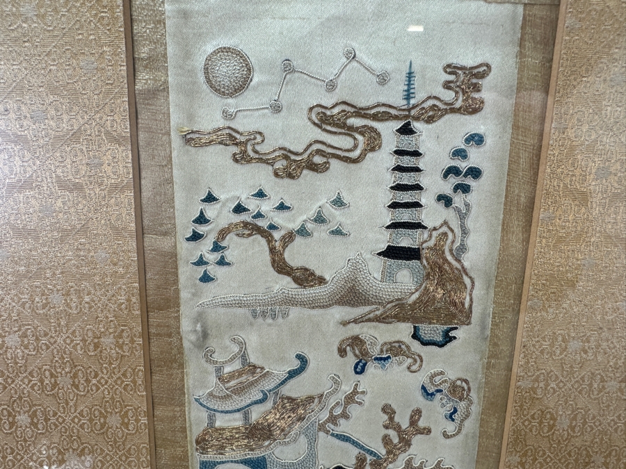 Pair Of Vintage Chinese Embroideries 4 X 22 Framed 11.5 X 29 [Photo 3]