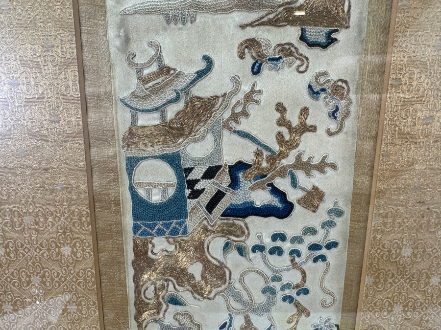 Pair Of Vintage Chinese Embroideries 4 X 22 Framed 11.5 X 29 [Photo 4]