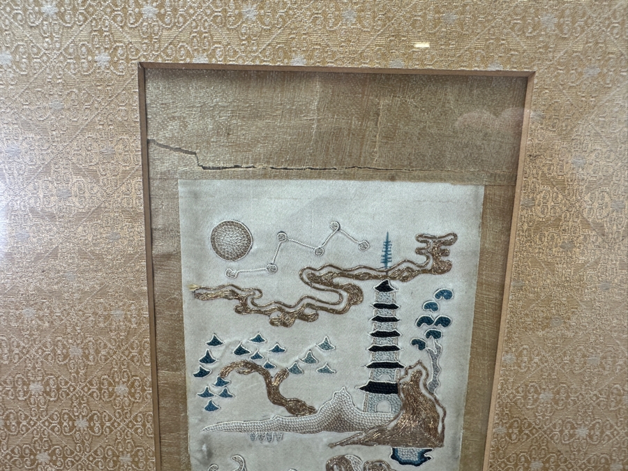 Pair Of Vintage Chinese Embroideries 4 X 22 Framed 11.5 X 29 [Photo 2]