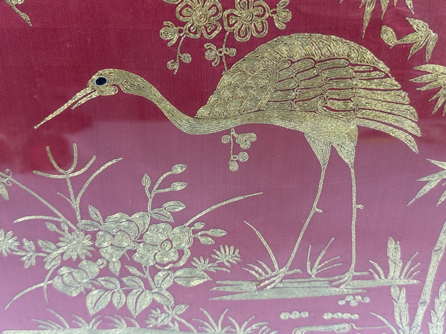 Vintage Chinese Gold Thread Embroidery Of A Crane, Bamboo And Other Flora With Red Background Framed 19 X 19 [Photo 2]