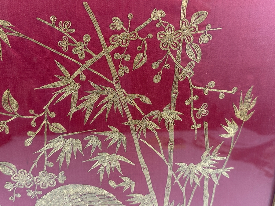 Vintage Chinese Gold Thread Embroidery Of A Crane, Bamboo And Other Flora With Red Background Framed 19 X 19 [Photo 8]