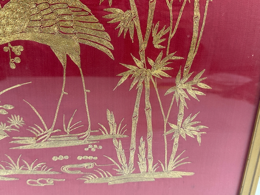 Vintage Chinese Gold Thread Embroidery Of A Crane, Bamboo And Other Flora With Red Background Framed 19 X 19 [Photo 7]