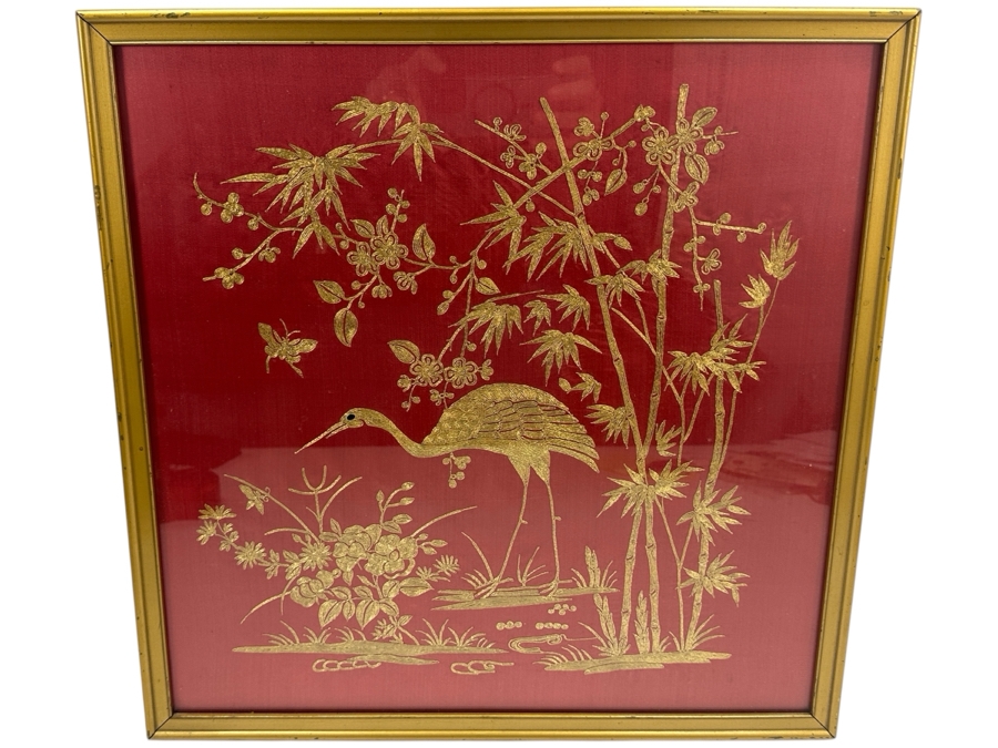 Vintage Chinese Gold Thread Embroidery Of A Crane, Bamboo And Other Flora With Red Background Framed 19 X 19