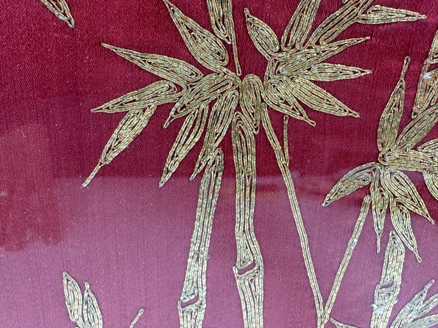 Vintage Chinese Gold Thread Embroidery Of A Crane, Bamboo And Other Flora With Red Background Framed 19 X 19 [Photo 9]