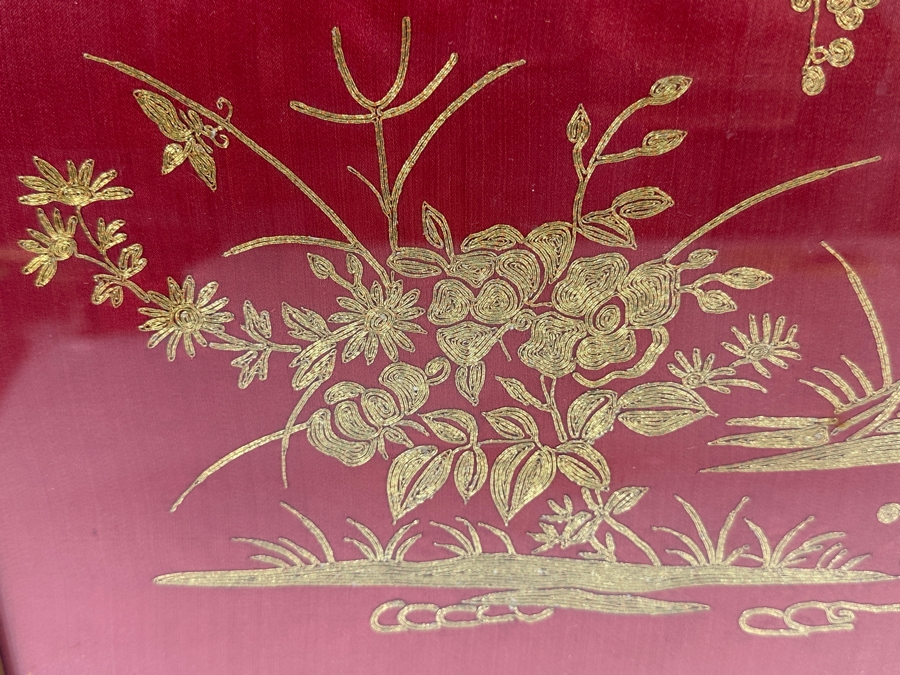 Vintage Chinese Gold Thread Embroidery Of A Crane, Bamboo And Other Flora With Red Background Framed 19 X 19 [Photo 5]
