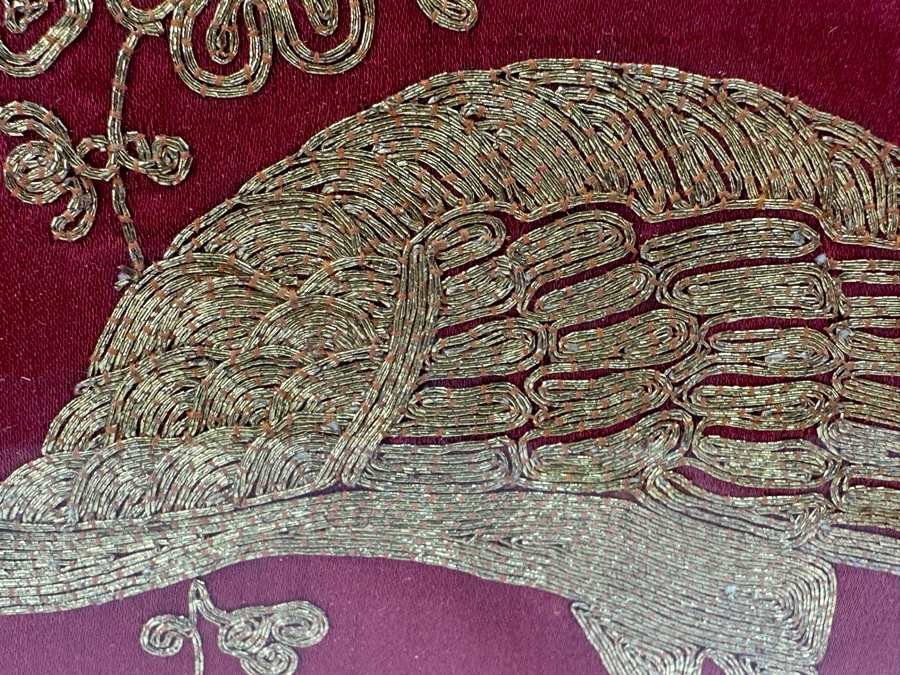 Vintage Chinese Gold Thread Embroidery Of A Crane, Bamboo And Other Flora With Red Background Framed 19 X 19 [Photo 4]