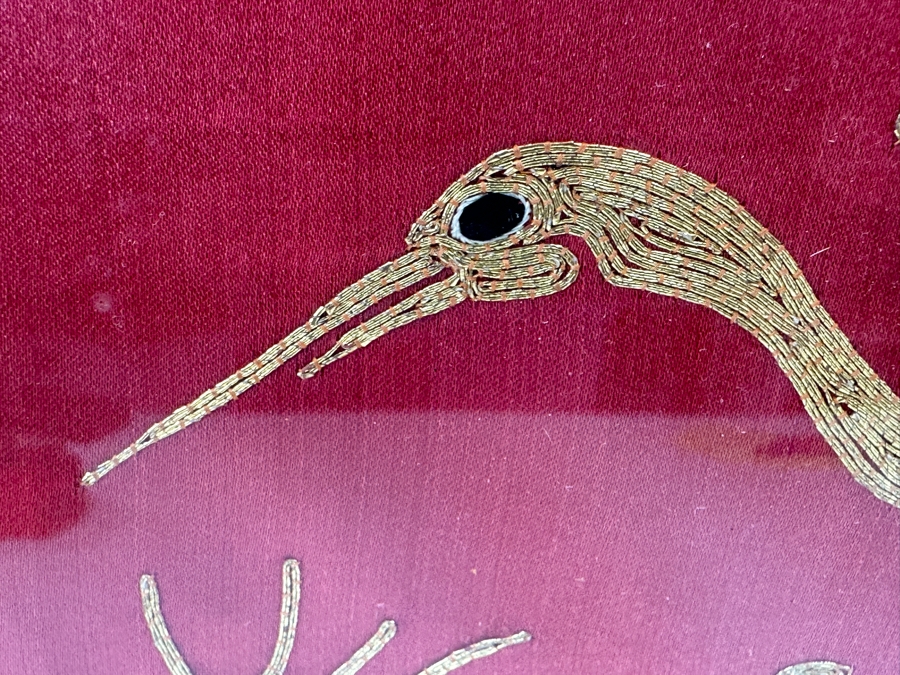Vintage Chinese Gold Thread Embroidery Of A Crane, Bamboo And Other Flora With Red Background Framed 19 X 19 [Photo 3]