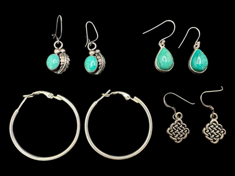 Set Of Four Sterling Silver / Turquoise Earrings 14.4g