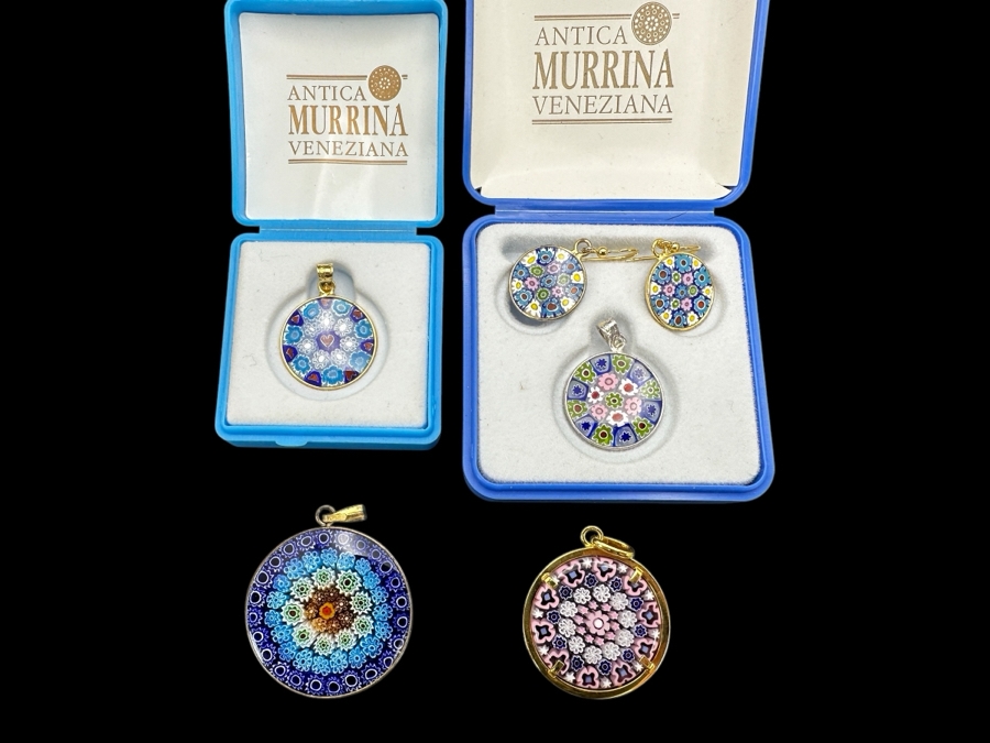 Collection Of Vintage Venetian Murano Glass Millefiori (4) Pendants And (1) Set Of Earrings [Photo 1]