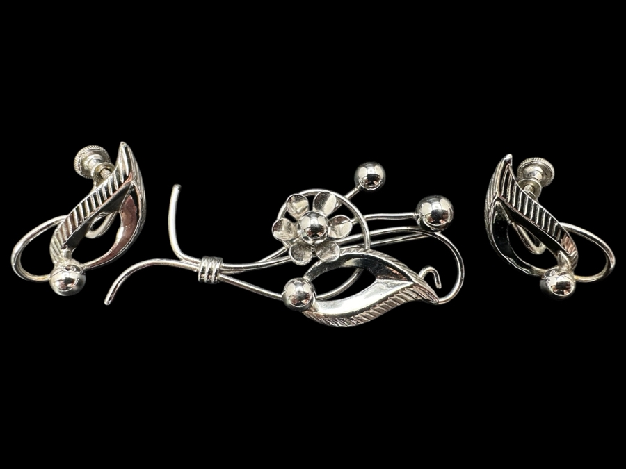 Sterling Silver Brooch Pin With Matching Earrings Signed Loran Sim 7.8g [Photo 1]