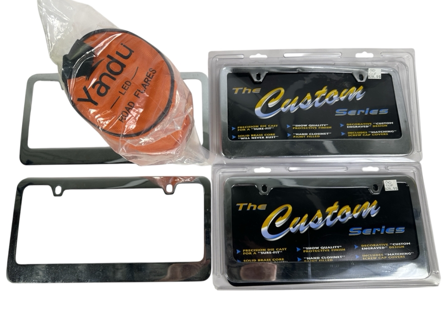 Four Custom Series Brass/Chrome License Plate Frames And Yandu LED Road Flares
