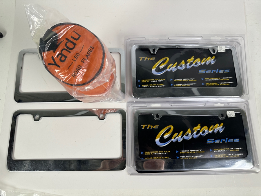 Four Custom Series Brass/Chrome License Plate Frames And Yandu LED Road Flares [Photo 2]