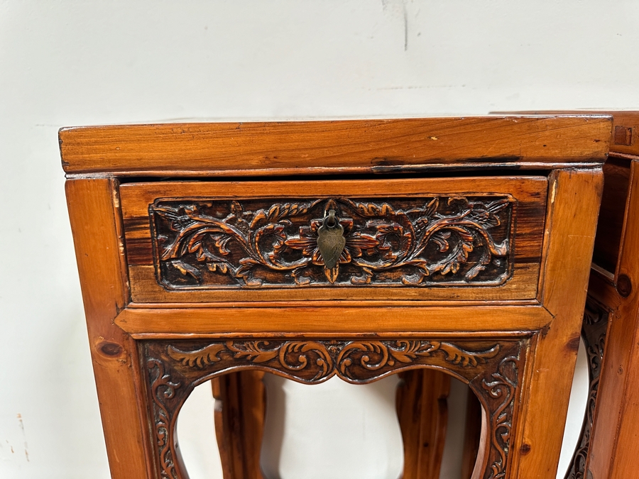 Pair of Chinese Hand Carved Pedestals with Drawers 15.5'W x 15.5'D x 34'H [Photo 6]