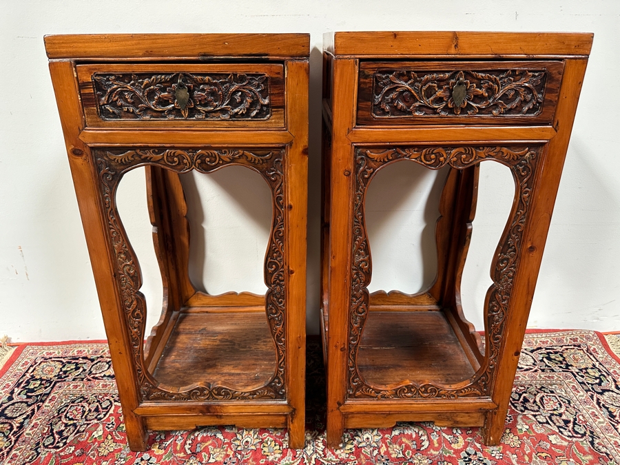 Pair of Chinese Hand Carved Pedestals with Drawers 15.5'W x 15.5'D x 34'H [Photo 3]