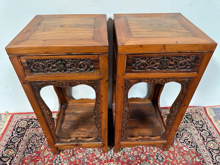 Pair of Chinese Hand Carved Pedestals with Drawers 15.5'W x 15.5'D x 34'H [Photo 4]