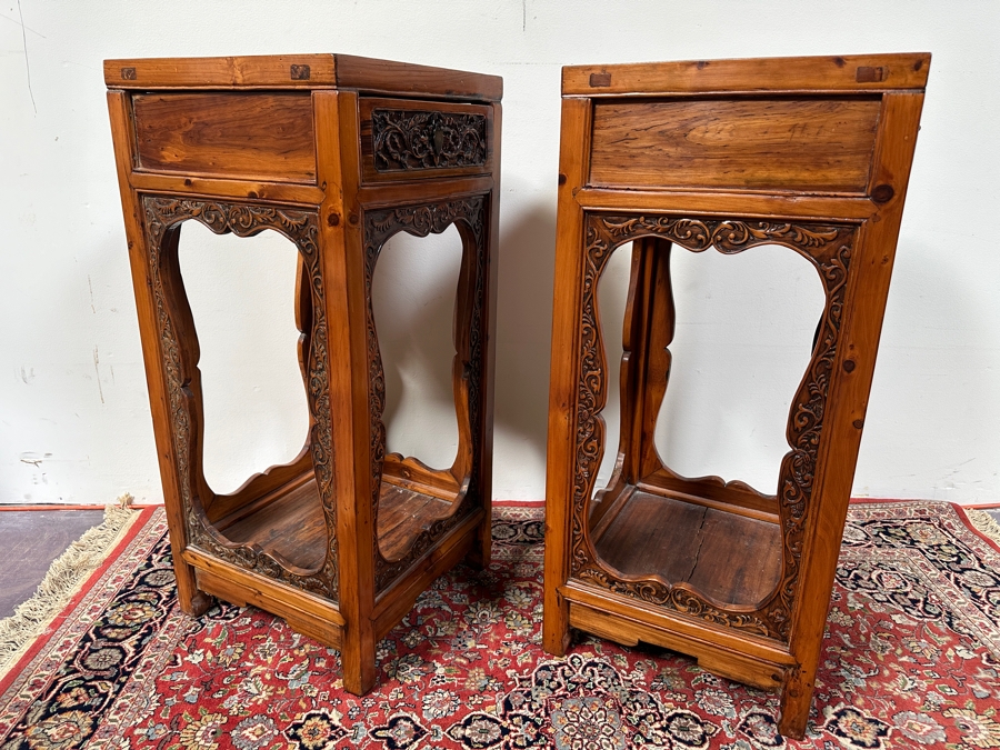 Pair of Chinese Hand Carved Pedestals with Drawers 15.5'W x 15.5'D x 34'H [Photo 13]