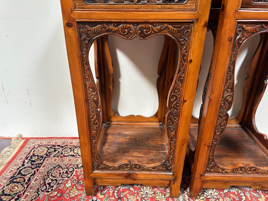 Pair of Chinese Hand Carved Pedestals with Drawers 15.5'W x 15.5'D x 34'H [Photo 8]