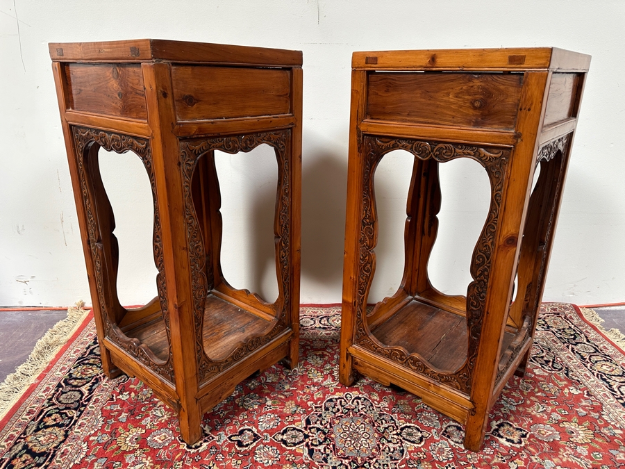 Pair of Chinese Hand Carved Pedestals with Drawers 15.5'W x 15.5'D x 34'H [Photo 19]