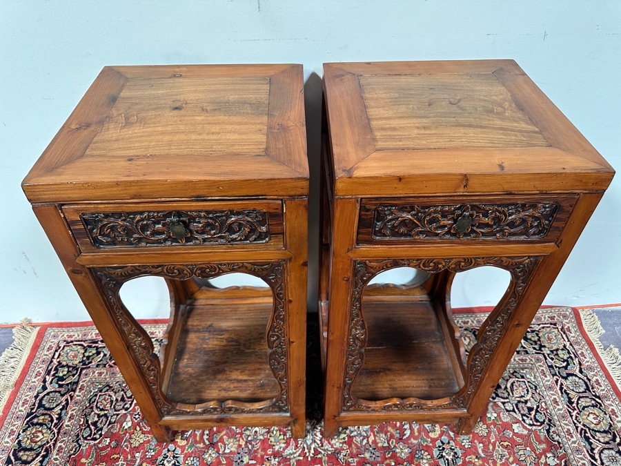 Pair of Chinese Hand Carved Pedestals with Drawers 15.5'W x 15.5'D x 34'H [Photo 5]