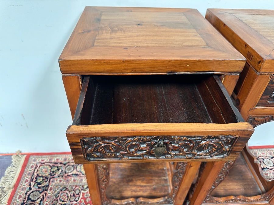 Pair of Chinese Hand Carved Pedestals with Drawers 15.5'W x 15.5'D x 34'H [Photo 10]