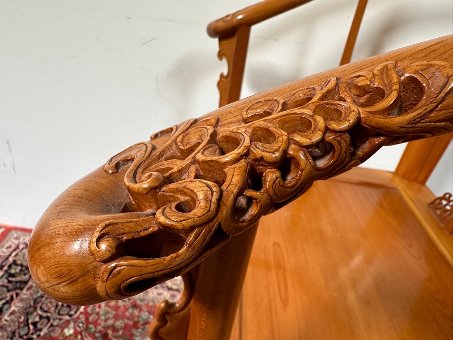 Vintage Mid-Century Chinese Carved Huanghuali Wood Horseshoe Throne Arm Chair 27W X 24D X 39H [Photo 19]