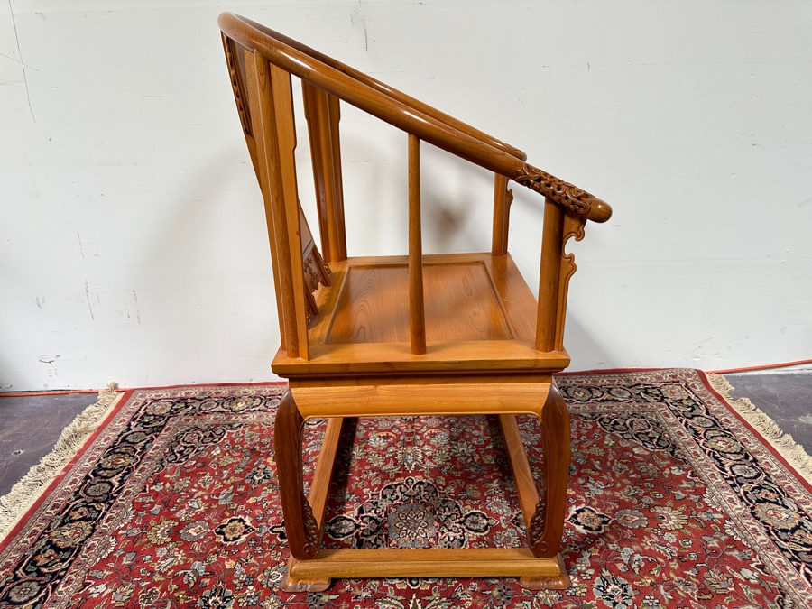 Vintage Mid-Century Chinese Carved Huanghuali Wood Horseshoe Throne Arm Chair 27W X 24D X 39H [Photo 14]