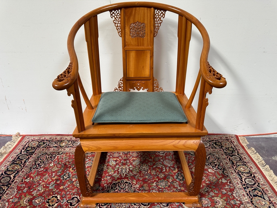 Vintage Mid-Century Chinese Carved Huanghuali Wood Horseshoe Throne Arm Chair 27W X 24D X 39H [Photo 22]