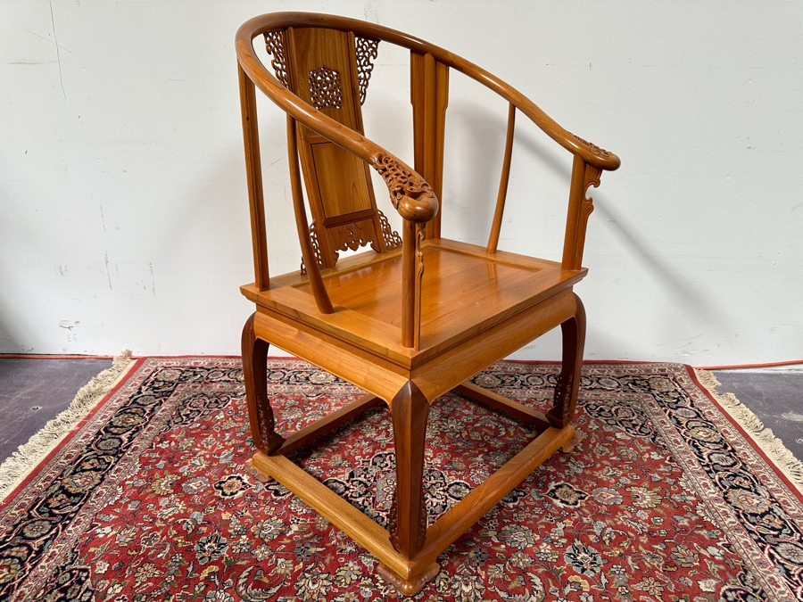 Vintage Mid-Century Chinese Carved Huanghuali Wood Horseshoe Throne Arm Chair 27W X 24D X 39H [Photo 12]