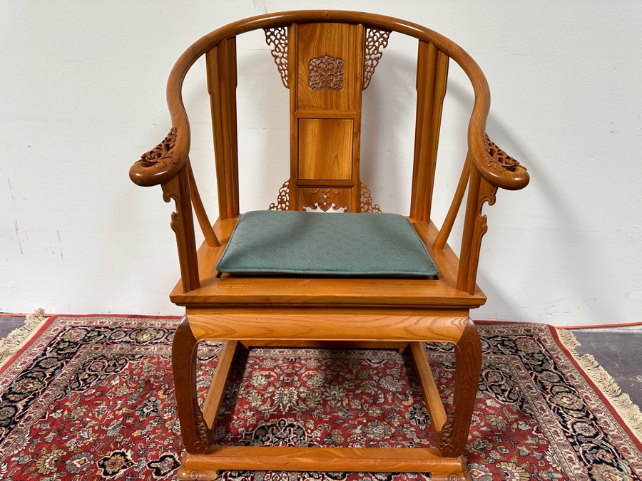 Vintage Mid-Century Chinese Carved Huanghuali Wood Horseshoe Throne Arm Chair 27W X 24D X 39H [Photo 21]