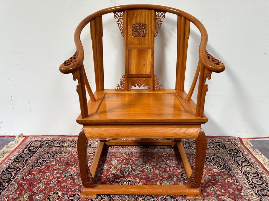 Vintage Mid-Century Chinese Carved Huanghuali Wood Horseshoe Throne Arm Chair 27W X 24D X 39H [Photo 2]