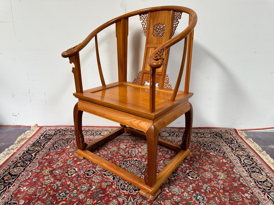 Vintage Mid-Century Chinese Carved Huanghuali Wood Horseshoe Throne Arm Chair 27W X 24D X 39H [Photo 20]