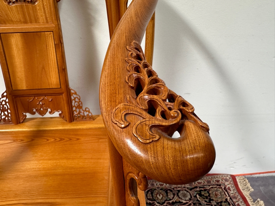 Vintage Mid-Century Chinese Carved Huanghuali Wood Horseshoe Throne Arm Chair 27W X 24D X 39H [Photo 8]