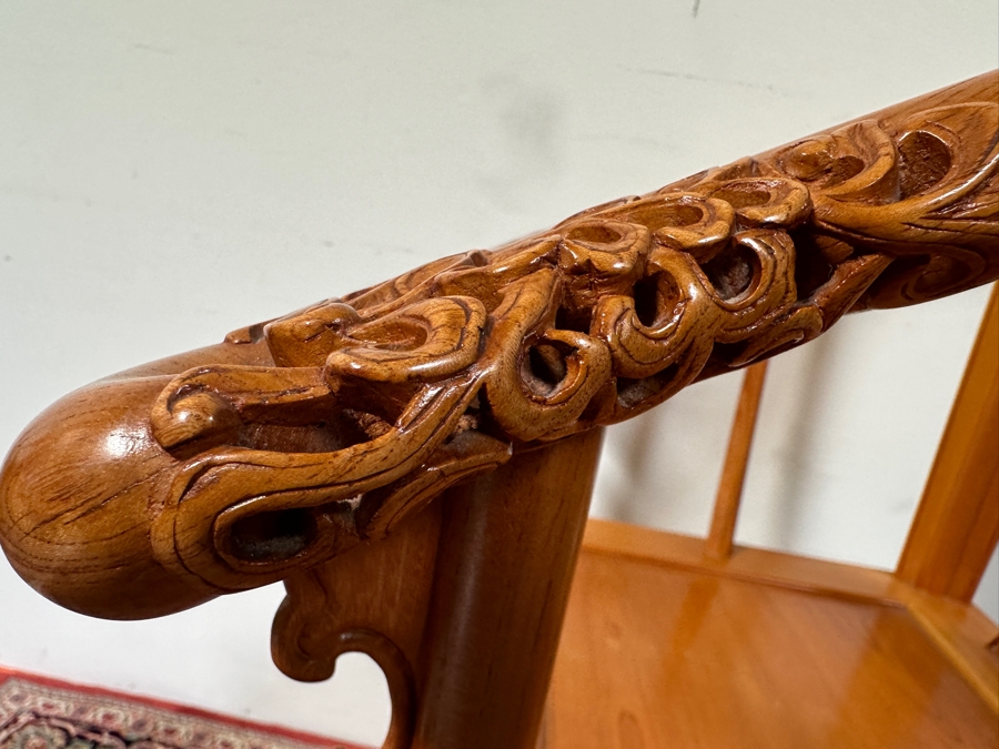Vintage Mid-Century Chinese Carved Huanghuali Wood Horseshoe Throne Arm Chair 27W X 24D X 39H [Photo 18]