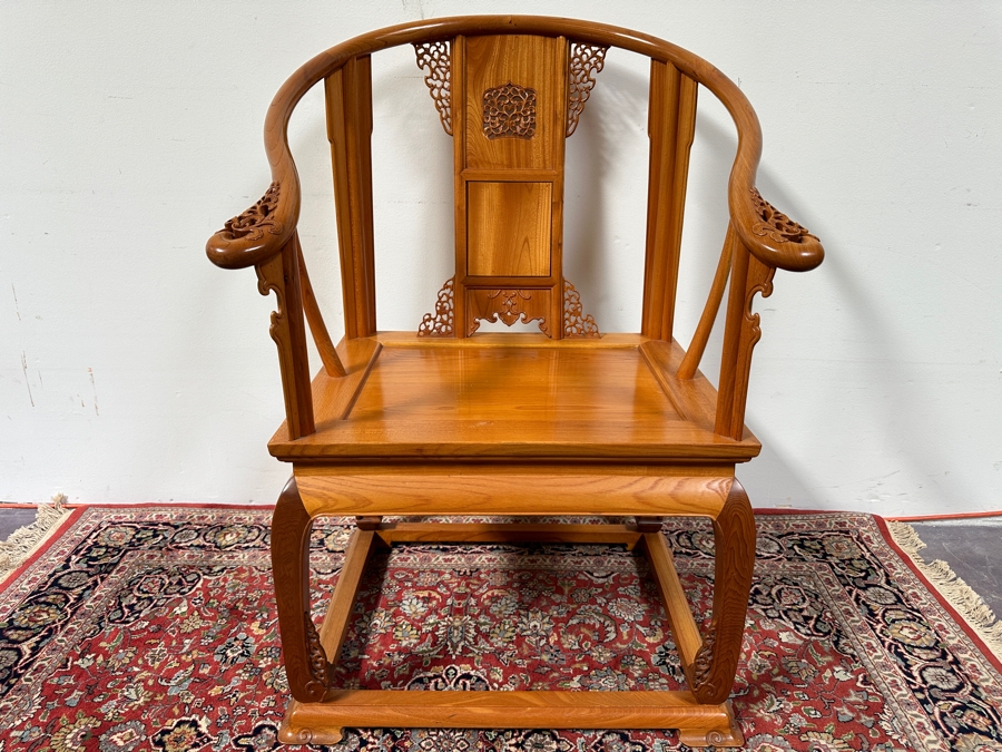 Vintage Mid-Century Chinese Carved Huanghuali Wood Horseshoe Throne Arm Chair 27W X 24D X 39H [Photo 3]
