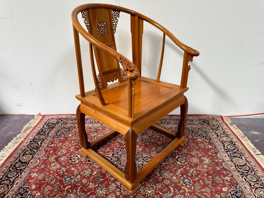 Vintage Mid-Century Chinese Carved Huanghuali Wood Horseshoe Throne Arm Chair 27W X 24D X 39H [Photo 13]