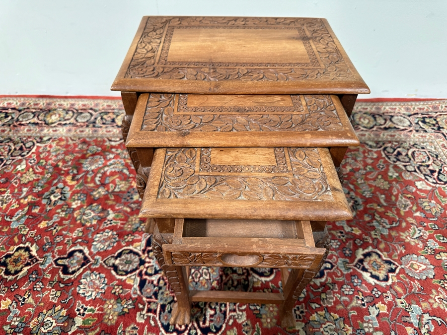 Set of Three Carved Wooden Nesting Tables 15'W x 11'D x 15.5'H [Photo 4]
