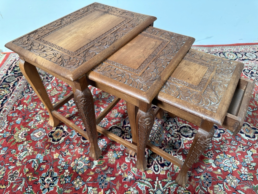 Set of Three Carved Wooden Nesting Tables 15'W x 11'D x 15.5'H [Photo 7]