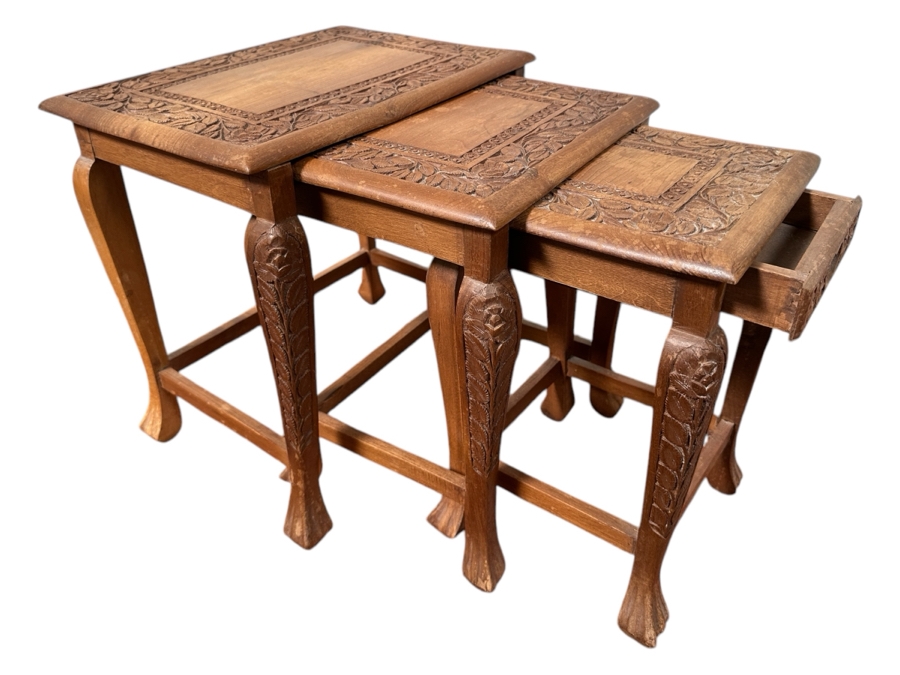 Set of Three Carved Wooden Nesting Tables 15'W x 11'D x 15.5'H [Photo 1]